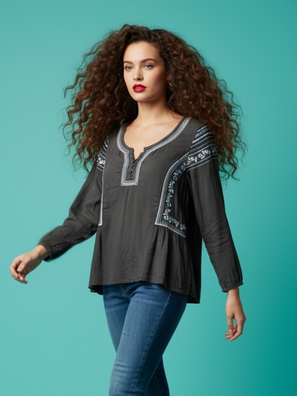 VTG American Eagle Embroidered Boho Peasant Charcoal Gray Top Blouse Size L